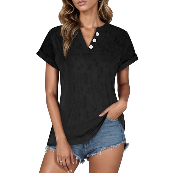 GigrtiJin Womens Lace Floral Short Sleeve Tops Casual V Neck Solid Color Summer T Shirts Lightweight Button Blouse Tops