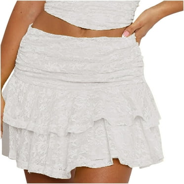 GigrtiJin Womens Lace Mini Skirt Low Rise Elastic Ruffle Hem Skirt Layered Pleated Flowy Short Skirts Streetwear