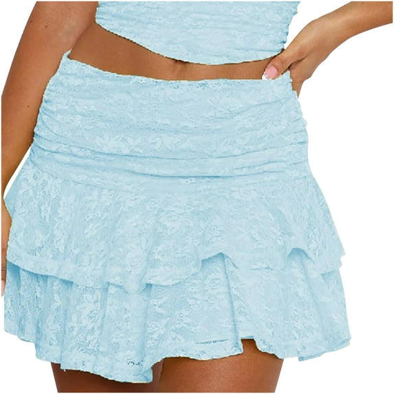 GigrtiJin Womens Lace Mini Skirt Low Rise Elastic Ruffle Hem Skirt Layered Pleated Flowy Short Skirts Streetwear