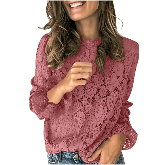 GigrtiJin Womens Lace Tops Dressy Casual Flared Long Sleeve Floral Spring Fashion Solid Color Elegant Blouses Shirts