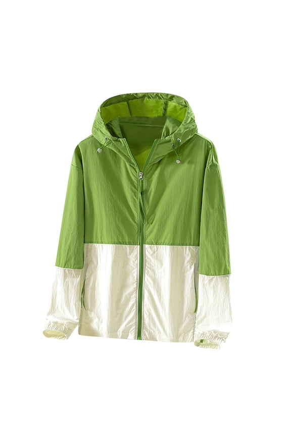 Womens Lightweight Hooded Waterproof Jacket Color Block Zip up Windbreaker Running Coat with Pocket