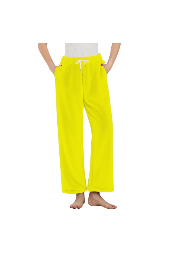 Womens Flannel Comfy Pajama Pants Solid Color Waistband Drawstring Wide Leg Pants with Pocket Winter Thermal Sleeping Pants