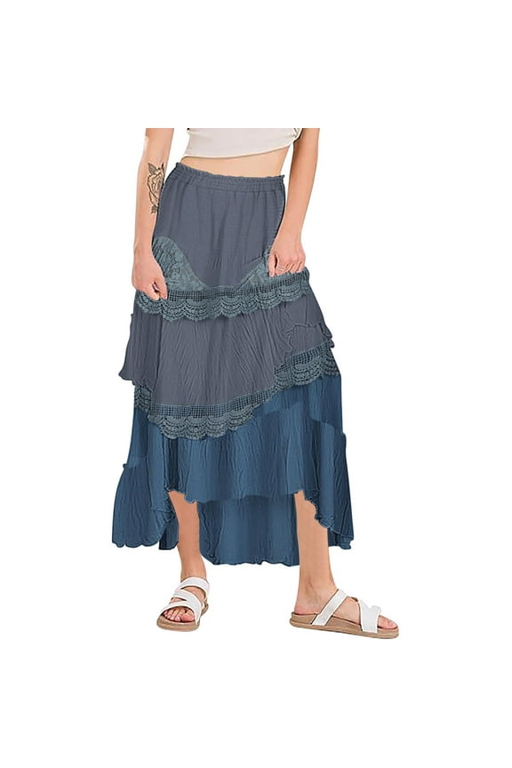 Womens Long Skirts Retro Patchwork Multi Layer Court Skirt Summer Casual Flowy Hem Elastic Waist Maxi Skirt
