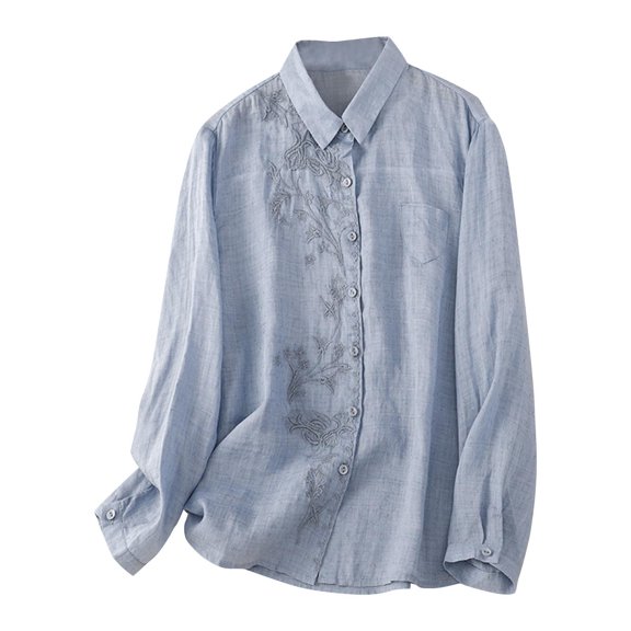 GigrtiJin Womens Long Sleeve Blouse Button down Vintage Embroidery Shirts Fashion Retro Solid Color Thin Loose Tops