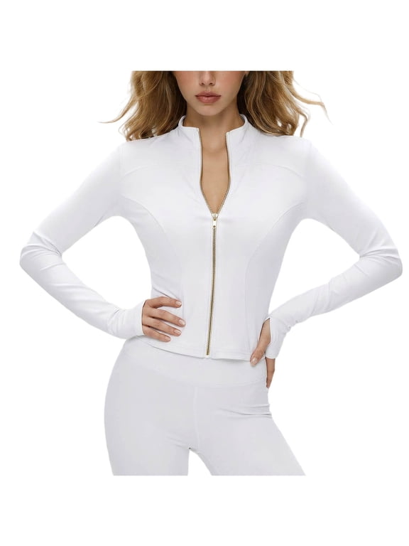 Womens Long Sleeve Jackets Slimming Workout Yoga Jackets Cropped Collared Zip up Casual Running Gym Jackets