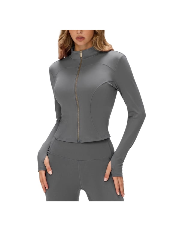 Womens Long Sleeve Jackets Slimming Workout Yoga Jackets Cropped Collared Zip up Casual Running Gym Jackets