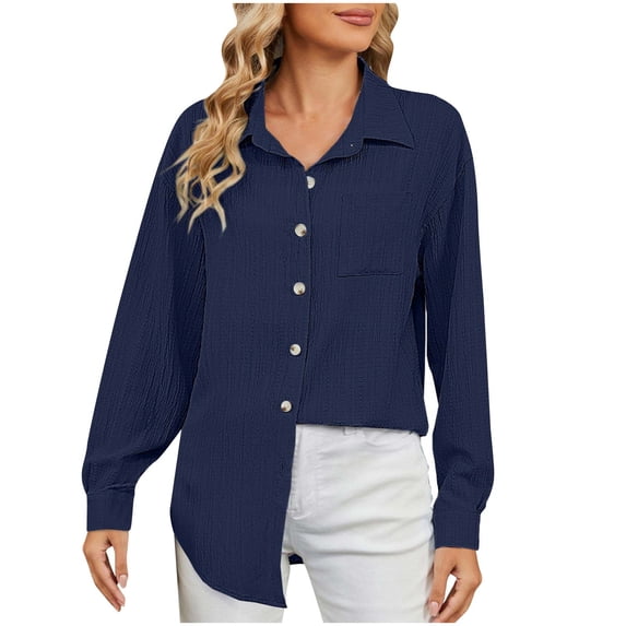 GigrtiJin Womens Long Sleeve Lapel Shirts Fashion Button down Solid Color Blouse Comfy Loose Going out Tops