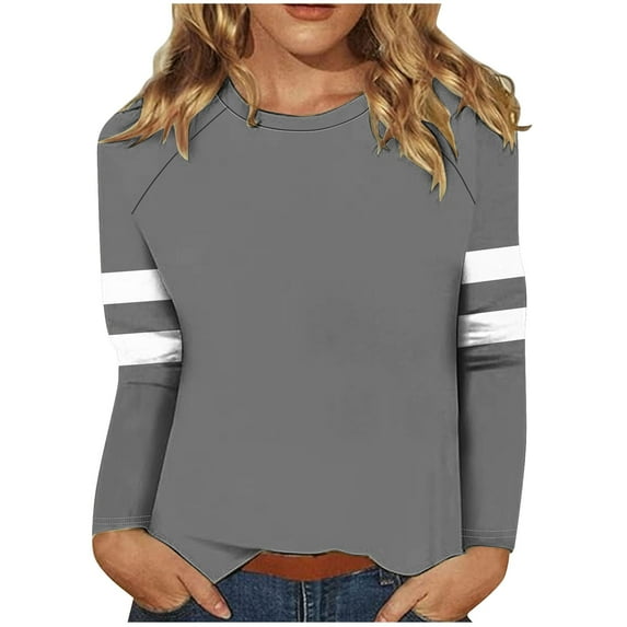 GigrtiJin Womens Long Sleeve Striped Shirts Round Neck Patchwork Shoulder Loose Top Fashion Casual Comfy Blouses