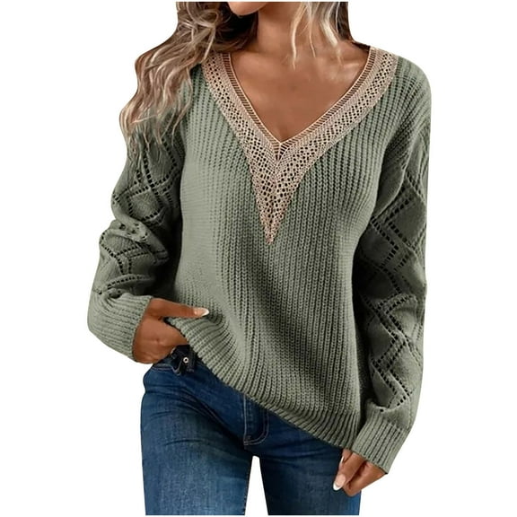 GigrtiJin Womens Long Sleeve Sweaters Fall Trendy Sexy V Neck Hollow out Knit Blouse Casual Pullover Sweater Tops