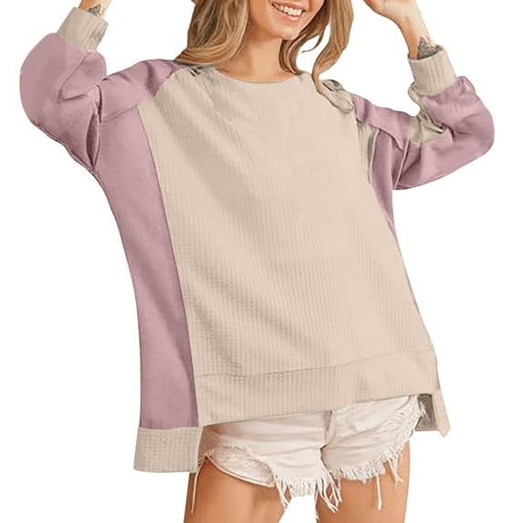 GigrtiJin Womens Long Sleeve Sweatshirts Casual Crewneck Color Block Pullover Tops Ribbed Oversized Comfy Blouses
