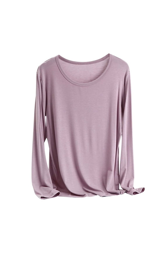 Womens Long Sleeve T Shirts Casual Comfy Crew Neck Undershirt Plus Size Solid Color Basic Comfy Tops