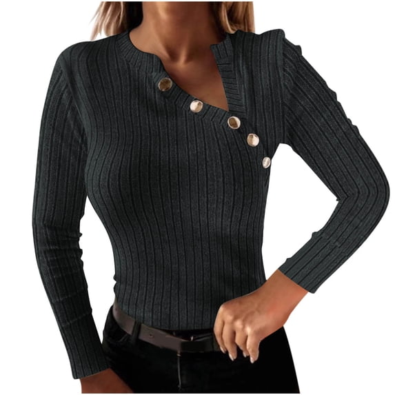GigrtiJin Womens Long Sleeve V-Neck Tops Ribbed Knitted Solid Color Casual Blouses Comfy Loose Fashion Shirts