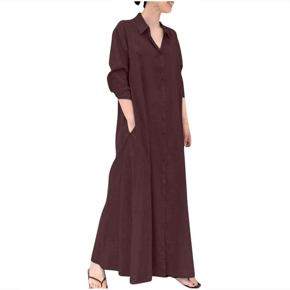 GigrtiJin Womens Long Sleeves Button down Shirt Dress Casual Lapel Wide Hem Solid Color Maxi Dress with Pocket