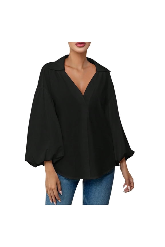 Womens Loose Trendy Tops Solid Color Flared Sleeve V Neck Blouse Shirt Casual Flowy Tunic
