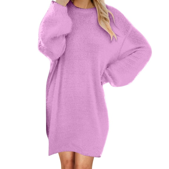 GigrtiJin Womens Medium Length Plush Dress Long Sleeved Round Neck Loose Dresses Comfy Casual Solid Color Dress
