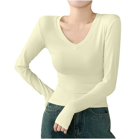 GigrtiJin Womens New Long Sleeve Shirts Solid Color V-Neck Pullover Tops Fall Fashion Casual Basic Slim Shirts
