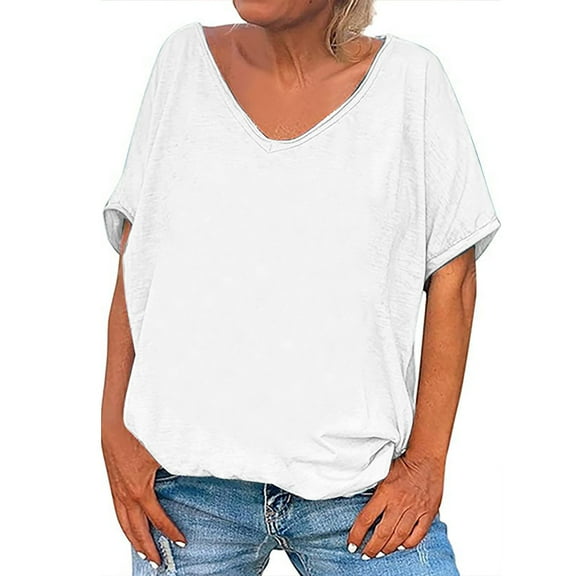 GigrtiJin Womens Oversized Casual Tee Tops Short Sleeve V Neck Solid Color Blouse Shirt Ladies Flowy Tunic