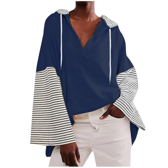 GigrtiJin Womens Oversized Hoodies Fall Striped V Neck Long Sleeve Sweatshirt Casual Lightweight Loose Tops