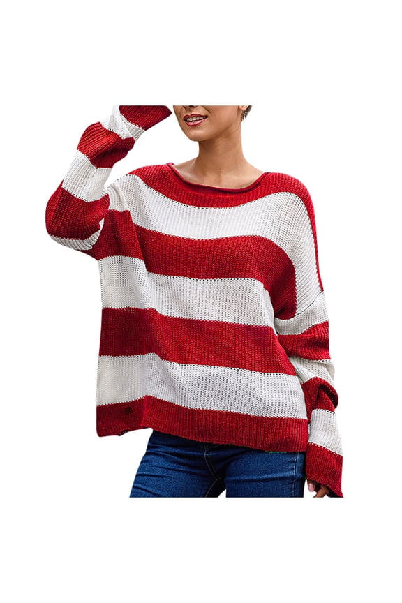 Womens Oversized Sweater Winter Striped Colorblock Fashion Long Sleeve Sweaters Round Neck Pullover Tops