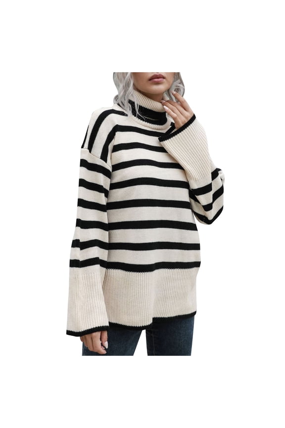 Womens Oversized Turtleneck Striped Sweater Long Sleeve Casual Loose Side Slit Pullover Sweaters Tops