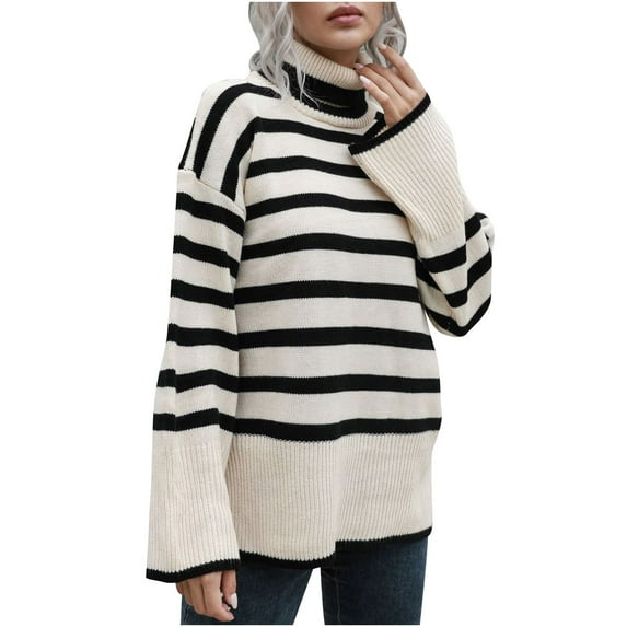 GigrtiJin Womens Oversized Turtleneck Striped Sweater Long Sleeve Casual Loose Side Slit Pullover Sweaters Tops