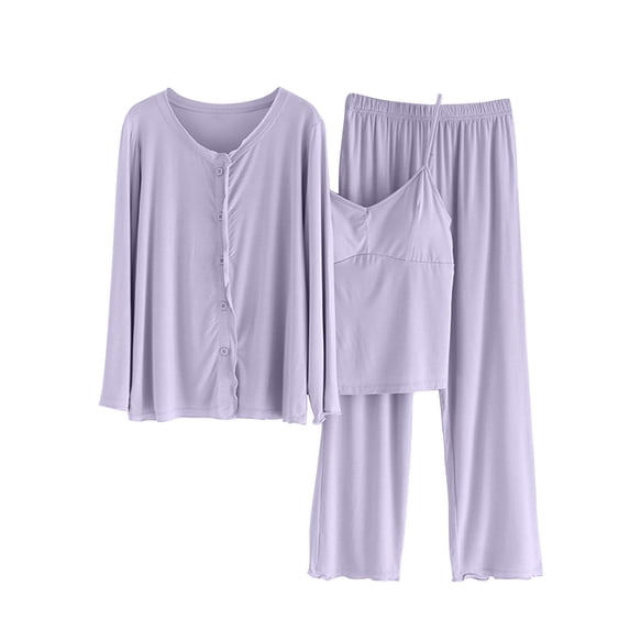 GigrtiJin Womens Pajama Sets 3 Piece Outfits Long Sleeve Button down Shirts and Built in Bras Cami Tank Tops with Pants