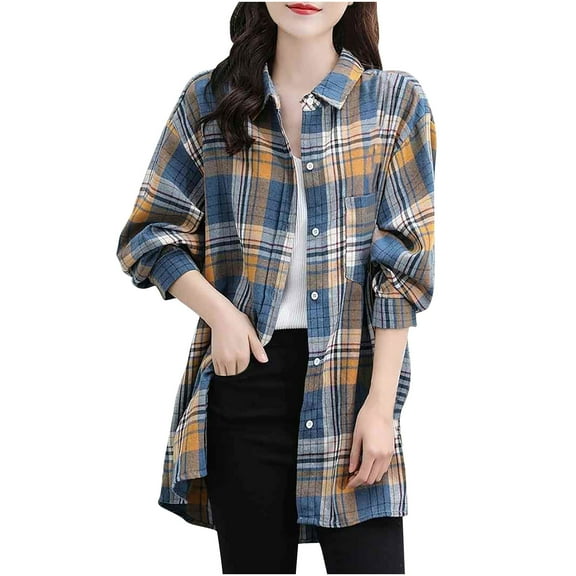 GigrtiJin Womens Plaid Button down Shirt Long Sleeved Lapel Casual Jackets Comfy Loose Fashion Pocket Shirts Coat
