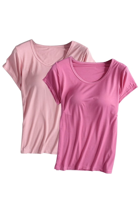 Womens Plus Size 2 Pack Pajama Tops Solid Color Short Sleeve Crew Neck Sleeping Shirt with Chest Pad