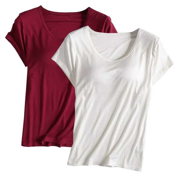 GigrtiJin Womens Plus Size 2 Pack Pajama Tops Solid Color Short Sleeve Crew Neck Sleeping Shirt with Chest Pad