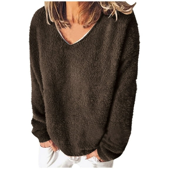 GigrtiJin Womens Plus Size Fuzzy Fleece Sweater Long Sleeve V Neck Casual Pullover Tops Fashion Solid Color Warm Blouse