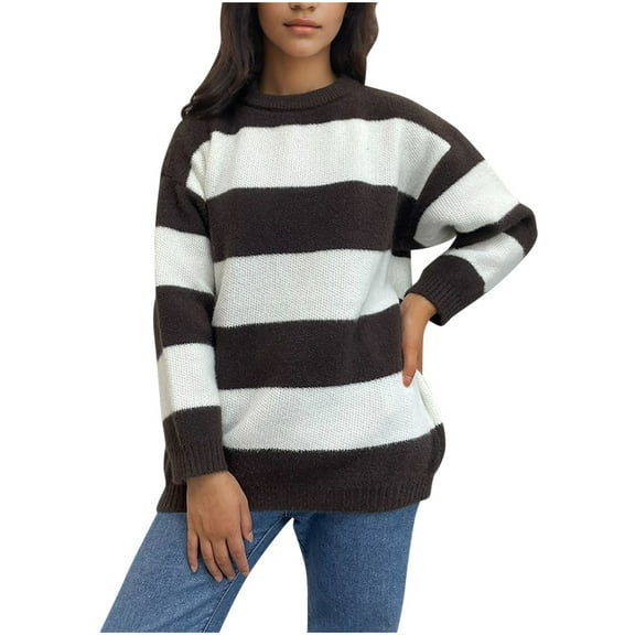 GigrtiJin Womens Plus Size Striped Wool Sweaters Long Sleeves Crewneck Color Block Tops Casual Pullover Blouses