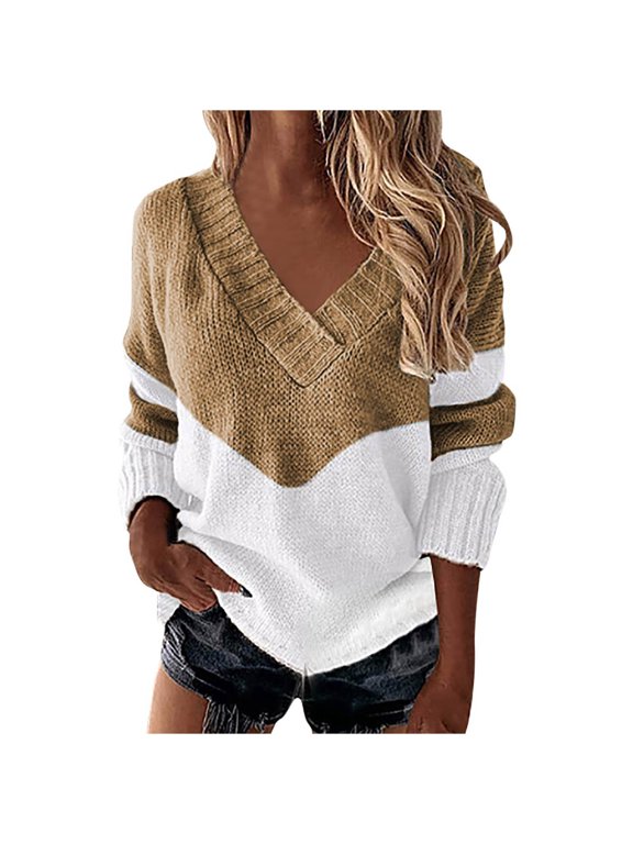 Womens Plus Size Sweater Long Sleeve V-Neck Colorblock Pullover Top Fashion Knitted Fall Winter Loose Blouse
