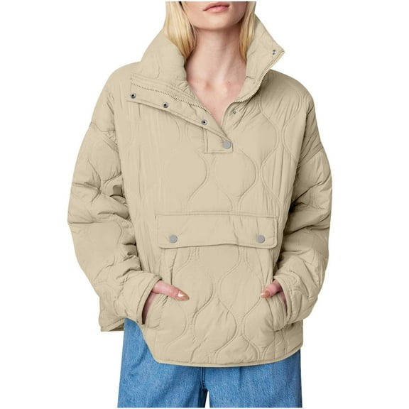 GigrtiJin Womens Puffer Jackets Pullover Quilted Lightweight Jacket Long Sleeves Half Zip up Coat with Pockets