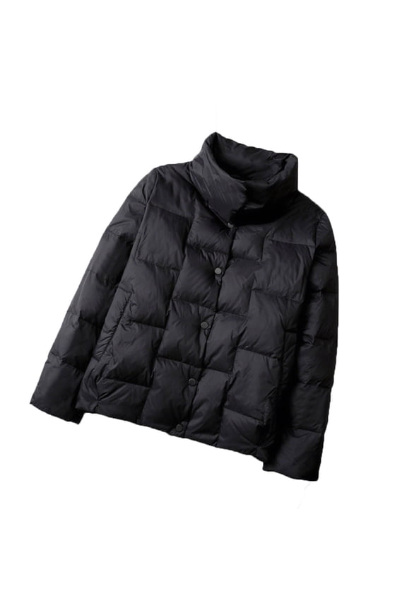 Womens Quilted Down Jacket Solid Color Button Down Zipper Stand Collar Long Sleeve Puffer Outcoat