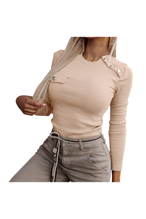Womens Rivets Tops Long Sleeve Tight Shirts Crewneck Solid Pullover Casual Blouses Cool Spring Clothes