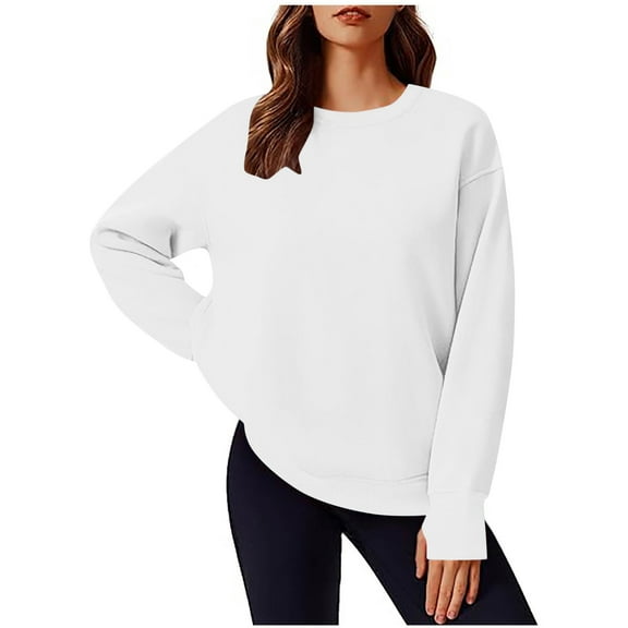 GigrtiJin Womens Round Neck Sweatshirt Casual Solid Color Long Sleeved Sweatshirts Fashion Loose Tops with Pockets
