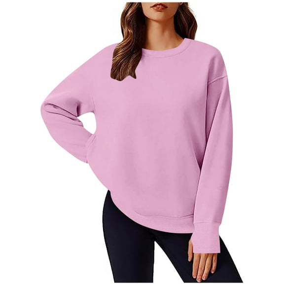 GigrtiJin Womens Round Neck Sweatshirt Casual Solid Color Long Sleeved Sweatshirts Fashion Loose Tops with Pockets