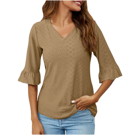 GigrtiJin Womens Ruffle 3/4 Sleeve Tops Dressy Casual V Neck Solid Color Blouses Tunic Flowy Business Work Shirts