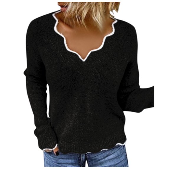 GigrtiJin Womens Scalloped V Neck Sweater Long Sleeve Knitted Fuzzy Fleece Chunky Loose Pullover Sweaters Tops