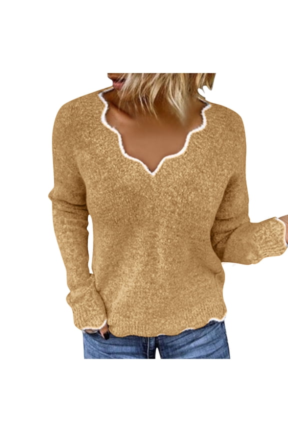 Womens Scalloped V Neck Sweater Long Sleeve Knitted Fuzzy Fleece Chunky Loose Pullover Sweaters Tops