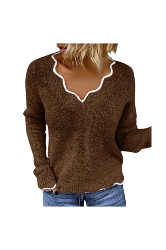 Womens Scalloped V Neck Sweater Long Sleeve Knitted Fuzzy Fleece Chunky Loose Pullover Sweaters Tops