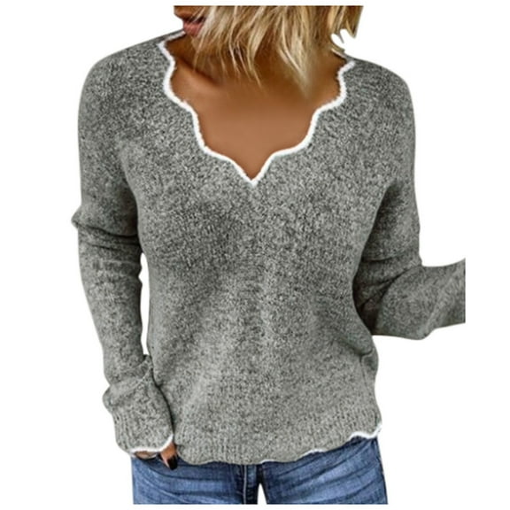 GigrtiJin Womens Scalloped V Neck Sweater Long Sleeve Knitted Fuzzy Fleece Chunky Loose Pullover Sweaters Tops