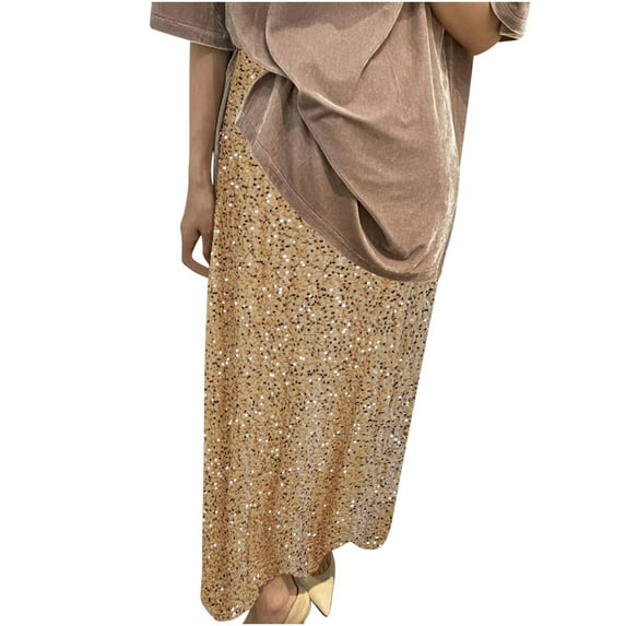 GigrtiJin Womens Shiny Sequin Maxi Skirt Plus Size Elastic Waist Knee Length Skirts Elegant Party Long Skirts