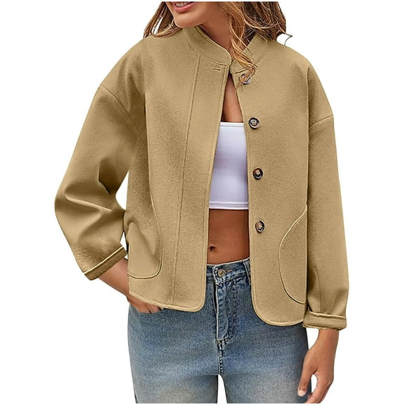 GigrtiJin Womens Short Pea Coats Oversized Long Sleeve Button down Jacket Casual Solid Color Jackets with Pockets