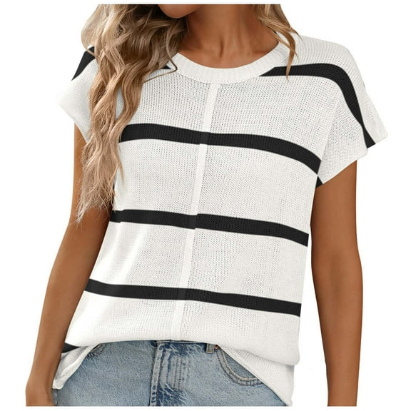 GigrtiJin Womens Short Sleeve Knit Tops Striped Round Neck Long Hem Tees Loose Casual Blouse