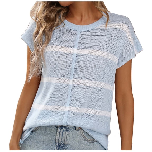 GigrtiJin Womens Short Sleeve Knit Tops Striped Round Neck Long Hem Tees Loose Casual Blouse