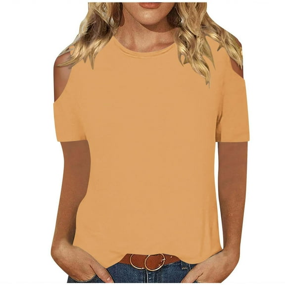 GigrtiJin Womens Short Sleeve Shirts Cold Shoulder Round Neck Blouse Solid Color Fashion Comfy Basic Tees Tops
