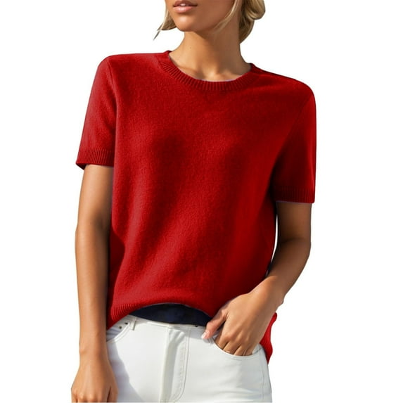 GigrtiJin Womens Short Sleeve Sweater Solid Color Crewneck Loose Blouse Casual Comfy Fashion Pullover Tunic Tops