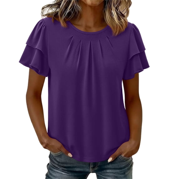 GigrtiJin Womens Short Sleeve T Shirts Pleated Baggy Basic T Shirts Casual Outdoor Pull On Round Neck Cropped Tees for Womens