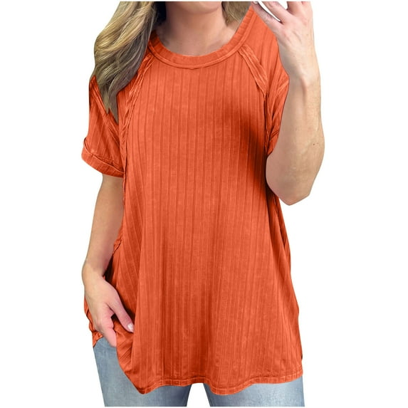 GigrtiJin Womens Solid Color Loose Tops Short Sleeve Round Neck Pleated Dress Blouse Comfy Tees